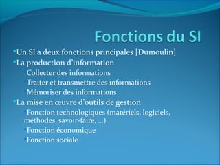 Un SI a deux fonctions principales [Dumoulin]
La production d’information
Collecter des informations
Traiter et transmettre des informations
Mémoriser des informations
La mise en œuvre d’outils de gestion
Fonction technologiques (matériels, logiciels,
méthodes, savoir-faire, …)
Fonction économique
Fonction sociale
 