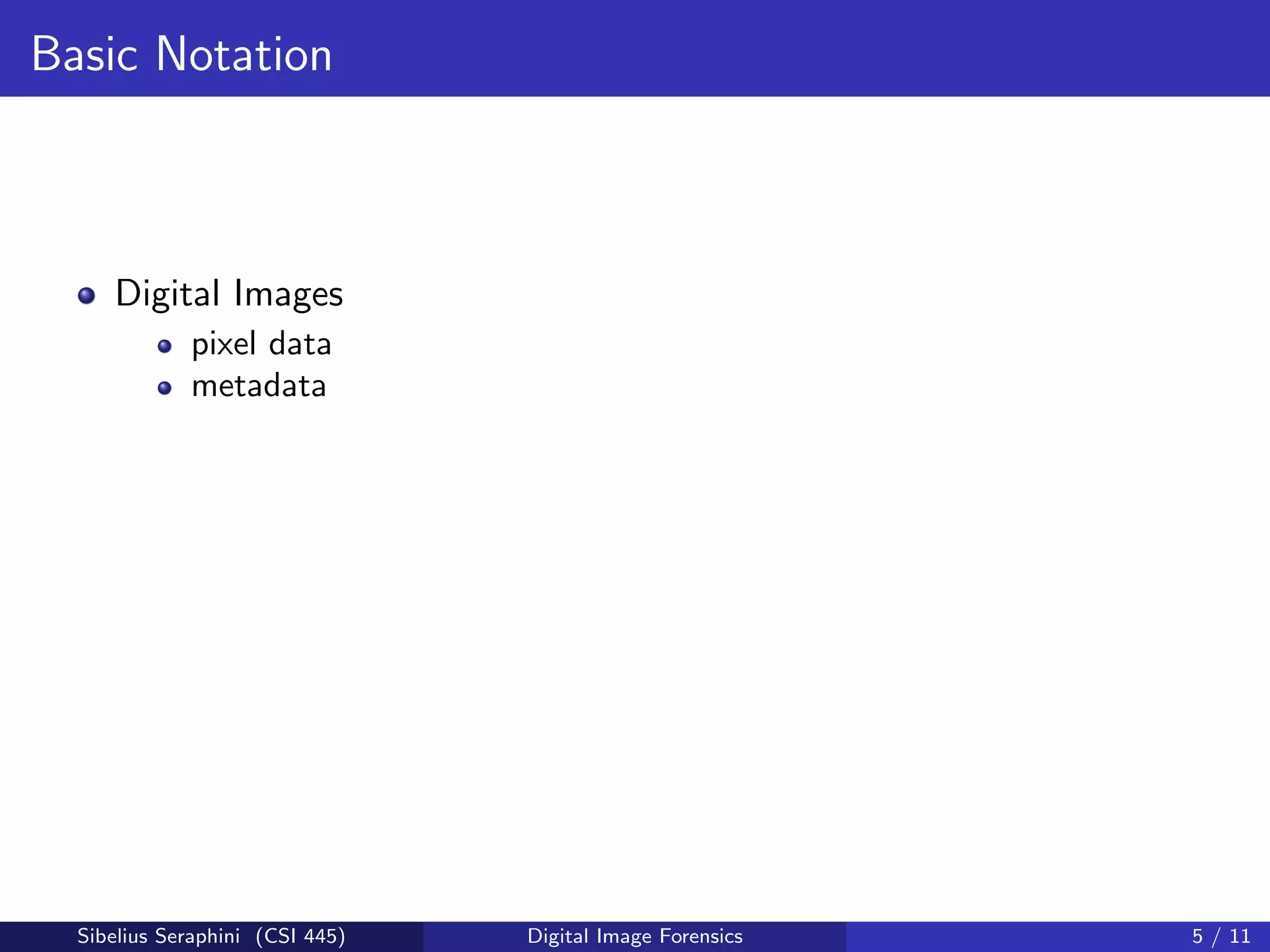 Basic Notation
Digital Images
pixel data
metadata
Sibelius Seraphini (CSI 445) Digital Image Forensics 5 / 11
 