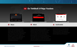 SİBER FİDYE 2020 RAPORU
2020 fidye yazılım saldırıları listesinde
yer alan, yıkıcı etkisi yüksek kötü amaçlı
yazılımlardan biridir. Maze fidye yazılımı,
hassas verileri herkese açık olarak yayınladığı
yeni saldırı yaklaşımı ile ünlenmiştir. Maze
fidye yazılımı, tüm dosyaları şifreler ve
dosyaların kurtarılması için fidye talebinde
bulunur. Mağdurun talep ettiği fidyeyi
ödememesi halinde elindeki verileri
yayınlamakla tehdit eder.
REvil, tüm dosyaları şifreleyen ve sisteme
sızdığında kurbandan para talep eden bir dosya
şifreleme yazılımıdır. Fidye talebinde suçlular
kurbanları Bitcoin üzerinden ödeme yapmaya
zorlar. Kurban belirli bir süre içinde fidyeyi
ödemezse, fidye oranı iki katına çıkar. Büyük bir
hukuk şirketi olan Grubman Shire Meiselas & Sacks
vakasındaki veri sızıntısı, bir REvil Ransomware
saldırısıydı. Saldırganlar, şirketin ünlü müşterilerine
ait verileri ele geçirip bunları Darknet’te paylaştılar.
Sodin olarak da bilinen Sodinokibi fidye
yazılımı, REvil fidye yazılımının farklı bir
versiyonunu kullanır. Oracle Weblogic
sunucularında sıfırıncı gün güvenlik açığını
istismar ederek Eylül 2019'da yayıldı.
Maze REvil Sodinokibi
En Tehlikeli 3 Fidye Yazılımı4.2
 