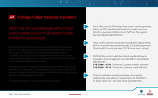 SİBER FİDYE 2020 RAPORU
Küresel olarak pandemide olduğumuz bu dönemde siber suçlular da
dünyanın farklı bölgelerindeki kullanıcıların sistemlerine saldırmaya
devam ediyor. Trend Micro, düzenli olarak küresel siber saldırıları
incelediği raporunun 2020 yarıyıl değerlendirmesinde haziran ayına
kadar tespit edilen fidye yazılım saldırılarının yüzde 26’sından fazlasının
Türkiye’de gerçekleştiği bilgisini paylaştı.
Buna göre fidye yazılım saldırılarında Türkiye, araştırmadaki diğer ülkeler
arasında ilk sırada yer aldı. Türkiye’deki fidye yazılım saldırılarının, ilk 5’te
yer alan Hindistan, Birleşik Arap Emirlikleri (BAE) ve ABD’nin toplamından
daha fazla sayıda olduğu tespit edildi.
SOCRadar analistlerinin yapmış olduğu çalışmaya göre;
Son 3 yılda yaklaşık 280 firmaya fidye yazılım saldırısı gerçekleş-
tirilmiş ve 2020 yılında Kişisel Verileri Koruma Kurumu’nun
sitesinde yayınlanan bildirilerimlerin %45'inin fidye yazılım
kaynaklı olduğu tespit edilmiştir.
Fidye yazılım saldırılarının pandemi sürecindeki başlıca sebebi
RDP servislerinden kaynaklanmaktadır. SOCRadar araştırması
Türkiye’de RDP servisi açık olan 29,574 sistem tespit etmiştir.
2020'de fidye yazılımı saldırılarında çok sayıda saldırganın
kuruluşlara ilk girişi sağlamak için kullandığı iki zafiyet dikkat
çekmektedir:
CVE-2019-19781: Türkiye’de 33 sistemde tespit edilmiştir.
CVE-2019-11510: Türkiye’de 2 sistemde tespit edilmiştir.
Türkiye’de şirketlere yönelik gerçekleşen fidye yazılım
saldırılarında talep edilen en yüksek rakam 24.600.000 TL,
en düşük rakam ise 1300 Dolar olarak kaydedilmiştir.
Türkiye Fidye Yazılımı Trendleri4.7
2020'nin ilk 5 ayında tespit edilen fidye
yazılım saldırılarının %26'sından fazlası
Türkiye'de gerçekleşti.
 