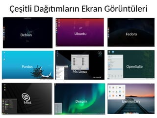 Çeşitli Dağıtımların Ekran Görüntüleri
Ubuntu Fedora
OpenSuSe
Mint Deepin Elementary
Mx Linux
Debian
Pardus
 