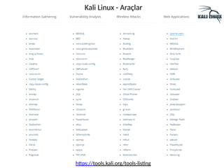 Kali Linux - Araçlar
https://tools.kali.org/tools-listing
 