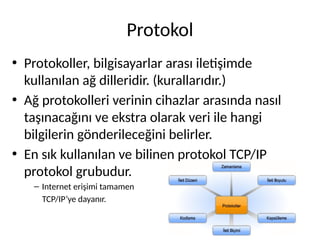 Protokol
• Protokoller, bilgisayarlar arası iletişimde
kullanılan ağ dilleridir. (kurallarıdır.)
• Ağ protokolleri verinin cihazlar arasında nasıl
taşınacağını ve ekstra olarak veri ile hangi
bilgilerin gönderileceğini belirler.
• En sık kullanılan ve bilinen protokol TCP/IP
protokol grubudur.
– Internet erişimi tamamen
TCP/IP’ye dayanır.
 