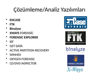 Çözümleme/Analiz Yazılımları
• ENCASE
• FTK
• Binalyze
• XWAYS FORENSİC
• FORENSIC EXPLORER
• IEF
• GET DATA
• ACTIVE PARTITION RECOVERY
• WINHEX
• OXYGEN FORENSIC
• CD/DVD INSPECTOR
 