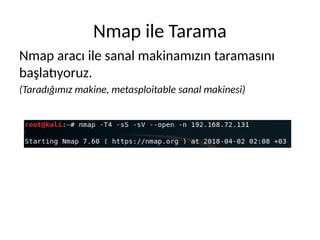 Nmap ile Tarama
Nmap aracı ile sanal makinamızın taramasını
başlatıyoruz.
(Taradığımız makine, metasploitable sanal makinesi)
 