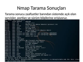 Nmap Tarama Sonuçları
Tarama sonucu zaafiyetler barından sistemde açık olan
servisler, portları ve sürüm bilgilerine erişiyoruz.
 