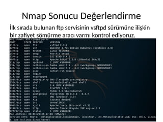 Nmap Sonucu Değerlendirme
İlk sırada bulunan ftp servisinin vsftpd sürümüne ilişkin
bir zafiyet sömürme aracı varmı kontrol ediyoruz.
 