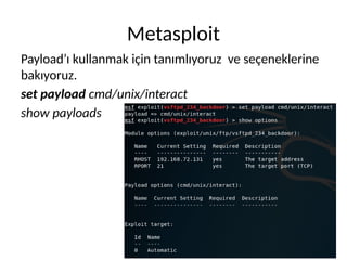 Metasploit
Payload’ı kullanmak için tanımlıyoruz ve seçeneklerine
bakıyoruz.
set payload cmd/unix/interact
show payloads
 