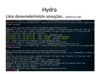 Hydra
Liste denemelerimizin sonuçları.. (telnet ve ssh)
 
