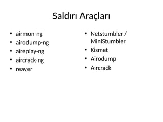 Saldırı Araçları
• airmon-ng
• airodump-ng
• aireplay-ng
• aircrack-ng
• reaver
• Netstumbler /
MiniStumbler
• Kismet
• Airodump
• Aircrack
 