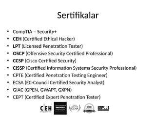 Sertifikalar
• CompTIA – Security+
• CEH (Certified Ethical Hacker)
• LPT (Licensed Penetration Tester)
• OSCP (Offensive Security Certified Professional)
• CCSP (Cisco Certified Security)
• CISSP (Certified Information Systems Security Professional)
• CPTE (Certified Penetration Testing Engineer)
• ECSA (EC-Council Certified Security Analyst)
• GIAC (GPEN, GWAPT, GXPN)
• CEPT (Certified Expert Penetration Tester)
 