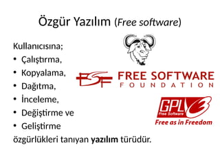 Özgür Yazılım (Free software)
Kullanıcısına;
• Çalıştırma,
• Kopyalama,
• Dağıtma,
• İnceleme,
• Değiştirme ve
• Geliştirme
özgürlükleri tanıyan yazılım türüdür.
 