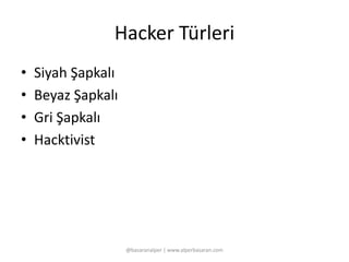 Hacker Türleri 
• Siyah Şapkalı 
• Beyaz Şapkalı 
• Gri Şapkalı 
• Hacktivist 
@basaranalper | www.alperbasaran.com 
 