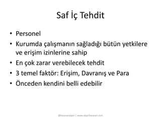 Saf İç Tehdit 
• Personel 
• Kurumda çalışmanın sağladığı bütün yetkilere 
ve erişim izinlerine sahip 
• En çok zarar verebilecek tehdit 
• 3 temel faktör: Erişim, Davranış ve Para 
• Önceden kendini belli edebilir 
@basaranalper | www.alperbasaran.com 
 
