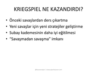 KRIEGSPIEL NE KAZANDIRDI? 
• Önceki savaşlardan ders çıkartma 
• Yeni savaşlar için yeni stratejiler geliştirme 
• Subay kademesinin daha iyi eğitilmesi 
• “Savaşmadan savaşma” imkanı 
@basaranalper | www.alperbasaran.com 
 