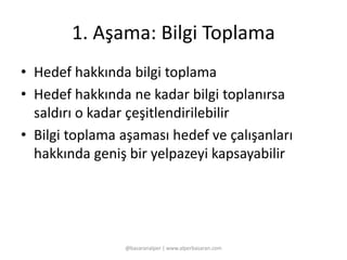 1. Aşama: Bilgi Toplama 
• Hedef hakkında bilgi toplama 
• Hedef hakkında ne kadar bilgi toplanırsa 
saldırı o kadar çeşitlendirilebilir 
• Bilgi toplama aşaması hedef ve çalışanları 
hakkında geniş bir yelpazeyi kapsayabilir 
@basaranalper | www.alperbasaran.com 
 