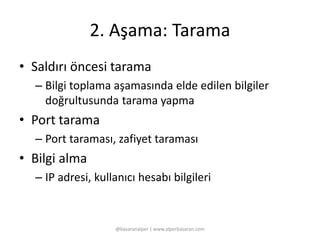 2. Aşama: Tarama 
• Saldırı öncesi tarama 
– Bilgi toplama aşamasında elde edilen bilgiler 
doğrultusunda tarama yapma 
• Port tarama 
– Port taraması, zafiyet taraması 
• Bilgi alma 
– IP adresi, kullanıcı hesabı bilgileri 
@basaranalper | www.alperbasaran.com 
 