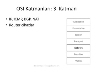 OSI Katmanları: 3. Katman 
• IP, ICMP, BGP, NAT 
• Router cihazlar 
@basaranalper | www.alperbasaran.com 
Application 
Presentation 
Session 
Transport 
Network 
Data Link 
Physical 
 