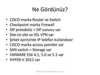 Ne Gördünüz? 
• CISCO marka Router ve Switch 
• Checkpoint marka Firewall 
• SIP protokolü = SIP sunucu var 
• Site-to-site ve SSL VPN var 
• Şirket içerisinde IP telefon kullanılıyor 
• CISCO marka access pointler var 
• SAN switch = Storage var 
• VMWARE ESX 4.1, 5.0 ve 5.1 var 
• HYPER-V 2012 var 
@basaranalper | www.alperbasaran.com 
 