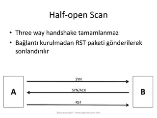 Half-open Scan 
• Three way handshake tamamlanmaz 
• Bağlantı kurulmadan RST paketi gönderilerek 
sonlandırılır 
SYN 
A SYN/ACK 
B 
RST 
@basaranalper | www.alperbasaran.com 
 