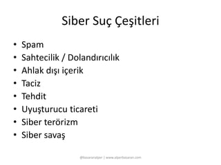 Siber Suç Çeşitleri 
• Spam 
• Sahtecilik / Dolandırıcılık 
• Ahlak dışı içerik 
• Taciz 
• Tehdit 
• Uyuşturucu ticareti 
• Siber terörizm 
• Siber savaş 
@basaranalper | www.alperbasaran.com 
 
