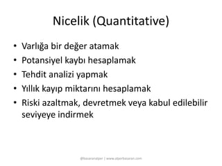 Nicelik (Quantitative) 
• Varlığa bir değer atamak 
• Potansiyel kaybı hesaplamak 
• Tehdit analizi yapmak 
• Yıllık kayıp miktarını hesaplamak 
• Riski azaltmak, devretmek veya kabul edilebilir 
seviyeye indirmek 
@basaranalper | www.alperbasaran.com 
 