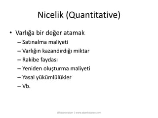 Nicelik (Quantitative) 
• Varlığa bir değer atamak 
– Satınalma maliyeti 
– Varlığın kazandırdığı miktar 
– Rakibe faydası 
– Yeniden oluşturma maliyeti 
– Yasal yükümlülükler 
– Vb. 
@basaranalper | www.alperbasaran.com 
 