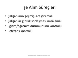 İşe Alım Süreçleri 
• Çalışanların geçmişi araştırılmalı 
• Çalışanlar gizlilik sözleşmesi imzalamalı 
• Eğitim/öğrenim durumununu kontrolü 
• Referans kontrolü 
@basaranalper | www.alperbasaran.com 
 