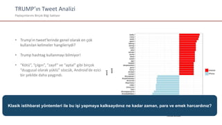 TRUMP’ın Tweet Analizi
Paylaşımlarımı Birçok Bilgi Saklıyor
• Trump'ın tweet'lerinde genel olarak en çok
kullanılan kelimeler hangileriydi?
• Trump hashtag kullanmayı bilmiyor!
• “Kötü”, “çılgın”, “zayıf” ve “aptal” gibi birçok
“duygusal olarak yüklü” sözcük, Android'de ezici
bir şekilde daha yaygındı.
Klasik istihbarat yöntemleri ile bu işi yapmaya kalksaydınız ne kadar zaman, para ve emek harcardınız?
 