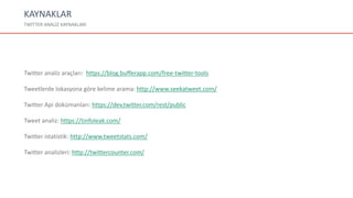 KAYNAKLAR
TWİTTER ANALİZ KAYNAKLARI
Twitter analiz araçları: https://blog.bufferapp.com/free-twitter-tools
Tweetlerde lokasyona göre kelime arama: http://www.seekatweet.com/
Twitter Api dokümanları: https://dev.twitter.com/rest/public
Tweet analiz: https://tinfoleak.com/
Twitter istatistik: http://www.tweetstats.com/
Twitter analizleri: http://twittercounter.com/
 