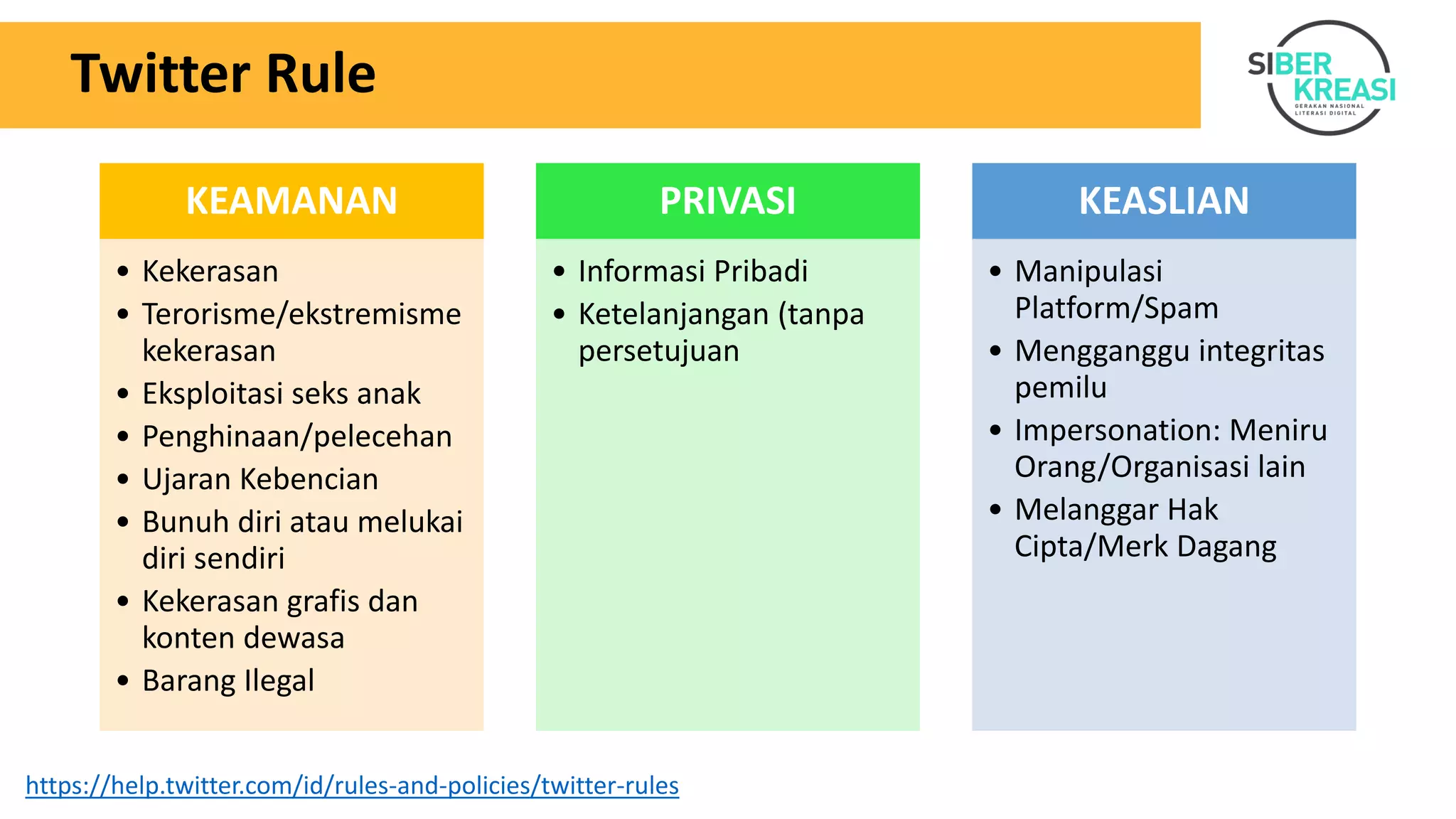 Twitter Rule
KEAMANAN
• Kekerasan
• Terorisme/ekstremisme
kekerasan
• Eksploitasi seks anak
• Penghinaan/pelecehan
• Ujaran Kebencian
• Bunuh diri atau melukai
diri sendiri
• Kekerasan grafis dan
konten dewasa
• Barang Ilegal
PRIVASI
• Informasi Pribadi
• Ketelanjangan (tanpa
persetujuan
KEASLIAN
• Manipulasi
Platform/Spam
• Mengganggu integritas
pemilu
• Impersonation: Meniru
Orang/Organisasi lain
• Melanggar Hak
Cipta/Merk Dagang
https://help.twitter.com/id/rules-and-policies/twitter-rules
 