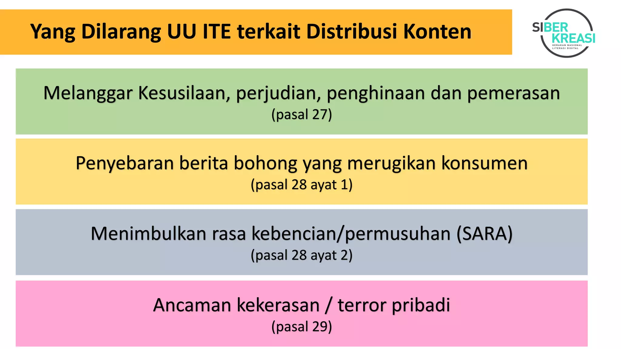 Yang Dilarang UU ITE terkait Distribusi Konten
Melanggar Kesusilaan, perjudian, penghinaan dan pemerasan
(pasal 27)
Ancaman kekerasan / terror pribadi
(pasal 29)
Menimbulkan rasa kebencian/permusuhan (SARA)
(pasal 28 ayat 2)
Penyebaran berita bohong yang merugikan konsumen
(pasal 28 ayat 1)
 