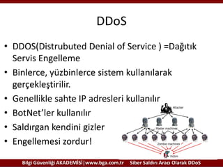 DDoS
• DDOS(Distrubuted Denial of Service ) =Dağıtık
Servis Engelleme
• Binlerce, yüzbinlerce sistem kullanılarak
gerçekleştirilir.
• Genellikle sahte IP adresleri kullanılır
• BotNet’ler kullanılır
• Saldırgan kendini gizler
• Engellemesi zordur!
Bilgi Güvenliği AKADEMİSİ|www.bga.com.tr

Siber Saldırı Aracı Olarak DDoS

 