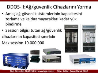 DDOS-II:Ağ/güvenlik Cihazlarını Yorma
• Amaç ağ-güvenlik sistemlerinin kapasitesini
zorlama ve kaldıramayacakları kadar yük
bindirme
• Session bilgisi tutan ağ/güvenlik
cihazlarının kapasitesi sınırlıdır
Max session 10.000.000

Bilgi Güvenliği AKADEMİSİ|www.bga.com.tr

Siber Saldırı Aracı Olarak DDoS

 