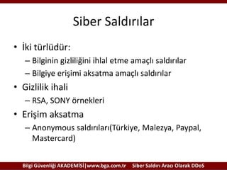 Siber Saldırılar
• İki türlüdür:
– Bilginin gizliliğini ihlal etme amaçlı saldırılar
– Bilgiye erişimi aksatma amaçlı saldırılar

• Gizlilik ihali
– RSA, SONY örnekleri

• Erişim aksatma
– Anonymous saldırıları(Türkiye, Malezya, Paypal,
Mastercard)
Bilgi Güvenliği AKADEMİSİ|www.bga.com.tr

Siber Saldırı Aracı Olarak DDoS

 