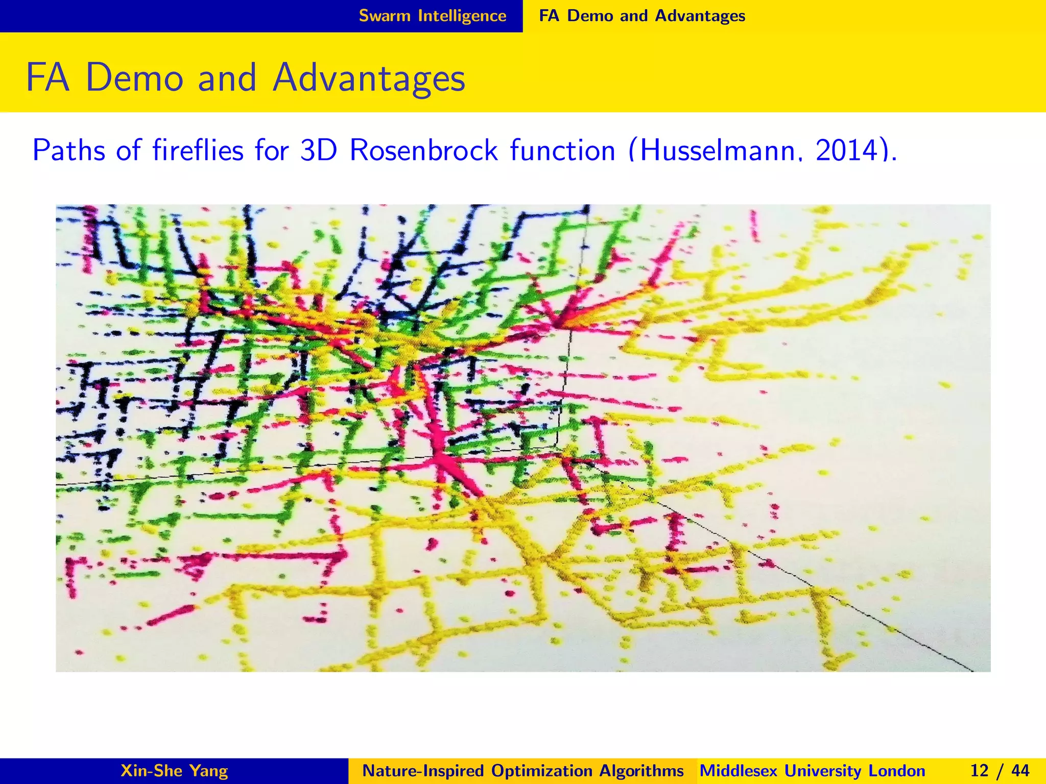 Swarm Intelligence FA Demo and Advantages
FA Demo and Advantages
Paths of ﬁreﬂies for 3D Rosenbrock function (Husselmann, 2014).
Xin-She Yang Nature-Inspired Optimization Algorithms Middlesex University London 12 / 44
 