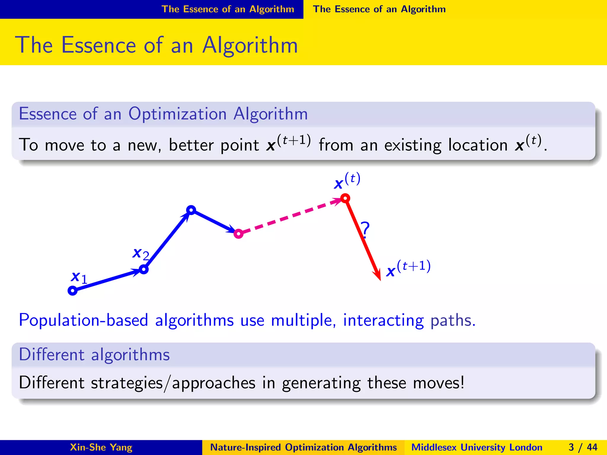 The Essence of an Algorithm The Essence of an Algorithm
The Essence of an Algorithm
Essence of an Optimization Algorithm
To move to a new, better point x(t+1) from an existing location x(t).
x1
x2
x(t)
x(t+1)
?
Population-based algorithms use multiple, interacting paths.
Diﬀerent algorithms
Diﬀerent strategies/approaches in generating these moves!
Xin-She Yang Nature-Inspired Optimization Algorithms Middlesex University London 3 / 44
 