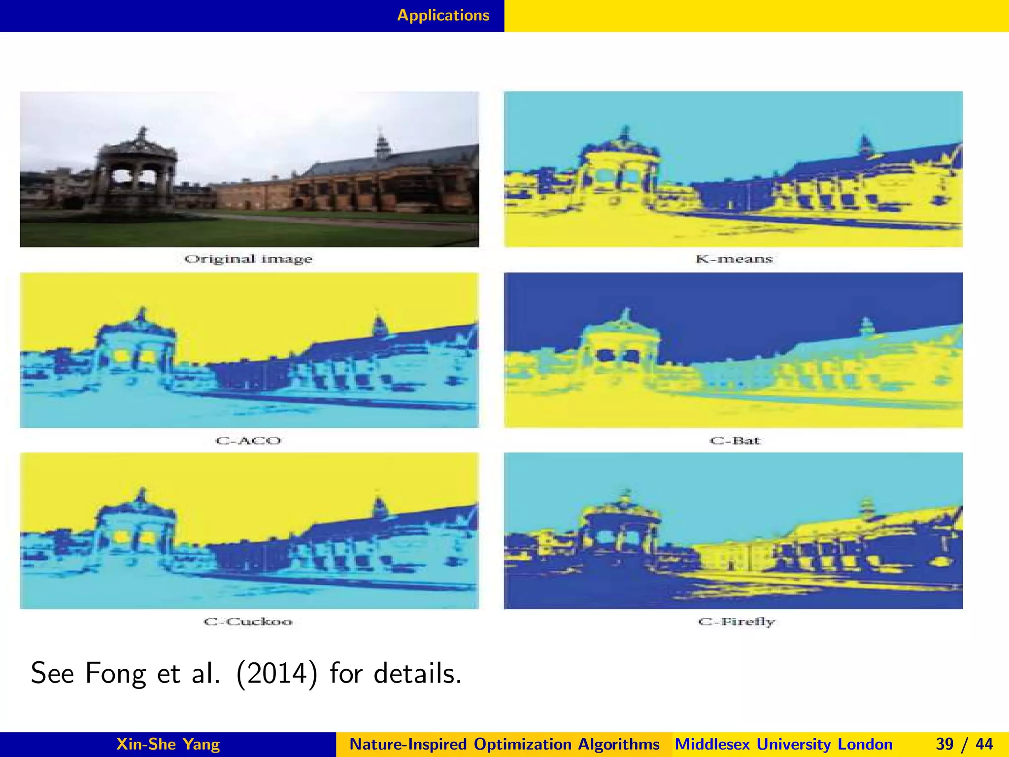 Applications
See Fong et al. (2014) for details.
Xin-She Yang Nature-Inspired Optimization Algorithms Middlesex University London 39 / 44
 