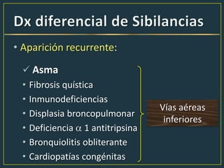 • Aparición recurrente:
 Asma
• Fibrosis quística
• Inmunodeficiencias
• Displasia broncopulmonar
• Deficiencia 1 antitripsina
• Bronquiolitis obliterante
• Cardiopatías congénitas
Vías aéreas
inferiores
 
