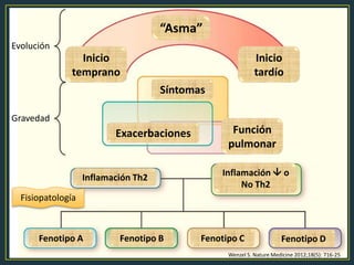 “Asma”
Inicio
temprano
Inicio
tardío
Síntomas
Exacerbaciones Función
pulmonar
Inflamación Th2 Inflamación  o
No Th2
Fenotipo A Fenotipo B Fenotipo C Fenotipo D
Wenzel S. Nature Medicine 2012;18(5): 716-25
Evolución
Gravedad
Fisiopatología
 