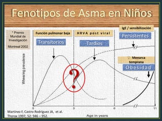 Fenotipos de Asma en Niños
Martínez F, Castro Rodríguez JA, et al.
Thorax 1997; 52: 946 – 952.
Transitorios Tardíos
Persistentes
Función pulmonar baja H R V A p o s t v i r a l
IgE / sensibilización
Obesidad
♀ Menarca
temprana
* Premio
Mundial de
Investigación
Montreal 2002
?
 