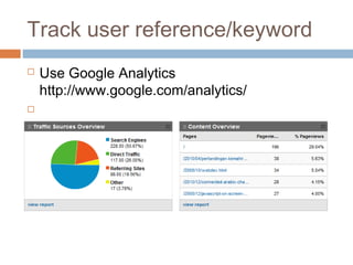 Track user reference/keyword
 Use Google Analytics
http://www.google.com/analytics/

 