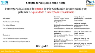 Niels Olsen Saraiva Câmara 25 de Outubro de 2018 SIBI ⏐ PRPG
Fomentar a qualidade do ensino de Pós-Graduação, estabelecendo um
patamar de qualidade e inserção internacionais
Sempre ter a Missão como norte!
Obrigado!
Pró-Reitor
Prof. Dr. Carlos G. Carlotti Jr
Pró-Reitor Adjunto
Prof. Dr. Marcio de Castro Silva Filho
Assessores
Prof. Dr. Niels Olsen Saraiva Câmara (ICB)
Prof. Dr. Luciano Antonio Digiampietri (EACH)
Gabinete
Lucilene Zanateli Pereira
Alessandra Falciano
Sergio Pereira
Divisão Técnica de Câmara de
Avaliação
Adriana Aparecida Pereira Lima
Divisão Técnica de Câmara
Curricular
Márcia de Almeida Silva Ebohon
Ana Paula Cabanal
Divisão Técnica de Câmara de
Normas e Recursos
Marcos Rogério Soares Moreira
Renata Alves
Daniella Rodrigues
Serviço de Apoio
Administrativo e Financeiro
Elena Crivillari
Divisão de Relações
Institucionais e Gestão
Acadêmica
Rosangela Nunes Colombo
Serviço de Intercâmbio com
Órgãos Federais
Patrícia Ferreira
Serviço de Apoio ao PAE
Hugo Fernando de Souza
Serviço de Apoio ao Sistemas
Marcia de Carvalho Queiroz
Alex Marques
 