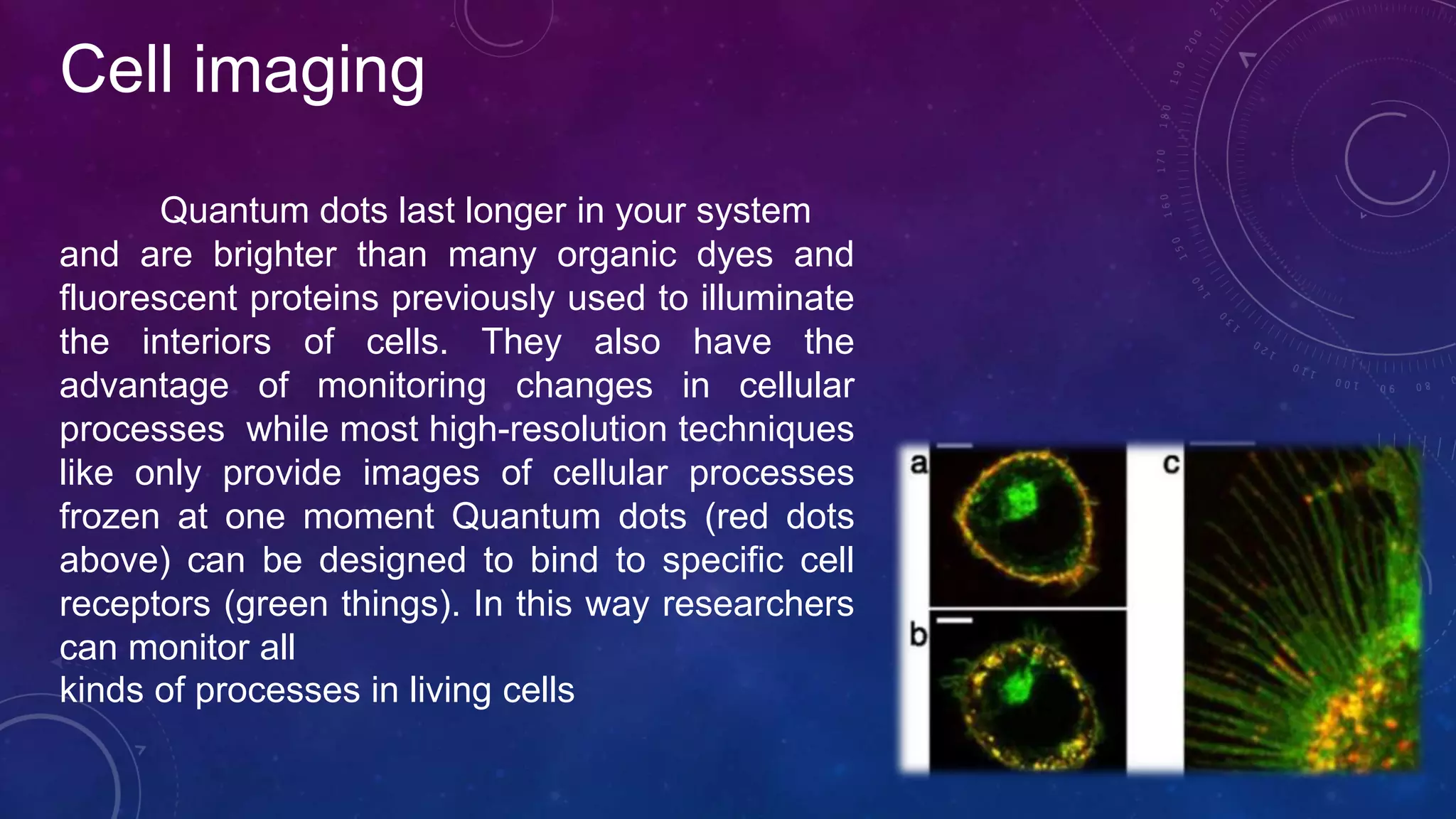 Cell imaging
Quantum dots last longer in your system
and are brighter than many organic dyes and
fluorescent proteins previously used to illuminate
the interiors of cells. They also have the
advantage of monitoring changes in cellular
processes while most high-resolution techniques
like only provide images of cellular processes
frozen at one moment Quantum dots (red dots
above) can be designed to bind to specific cell
receptors (green things). In this way researchers
can monitor all
kinds of processes in living cells
 
