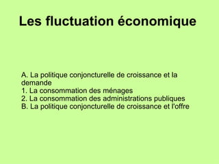 Les fluctuation économique A. La politique conjoncturelle de croissance et la demande 1. La consommation des ménages 2. La consommation des administrations publiques B. La politique conjoncturelle de croissance et l'offre