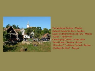 The Medieval Festival - Medias
Cultural Hungarian Days - Medias
Easter traditions: Oina and Ţuru - Medias
“Maial” - Valea Viilor
Carolsinging Concert - Valea Viilor
“May Flowers” Festival - Bazna
„Donarium“ Traditions Festival - Biertan
„Cabbage Festival” - Moşna
 