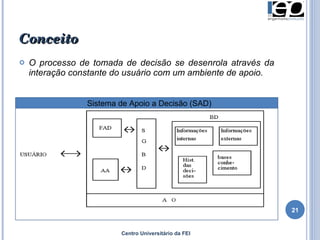 Conceito O processo de tomada de decisão se desenrola através da interação constante do usuário com um ambiente de apoio. Centro Universitário da FEI Sistema de Apoio a Decisão (SAD) 