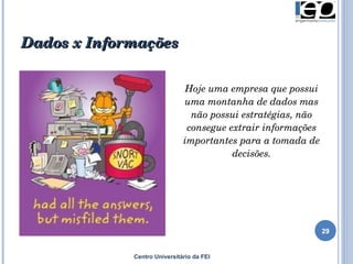 Dados x Informações Hoje uma empresa que possui uma montanha de dados mas não possui estratégias, não consegue extrair informações importantes para a tomada de decisões. Centro Universitário da FEI 