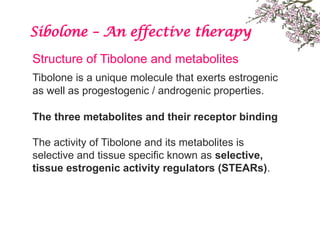 Sibolone – An effective therapy
Structure of Tibolone and metabolites
Tibolone is a unique molecule that exerts estrogenic
as well as progestogenic / androgenic properties.
The three metabolites and their receptor binding
The activity of Tibolone and its metabolites is
selective and tissue specific known as selective,
tissue estrogenic activity regulators (STEARs).
 