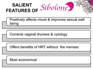 SALIENT
FEATURES OF
Positively affects mood & improves sexual well
being
Corrects vaginal dryness & cytology
Offers benefits of HRT without the menses
Most economical
 